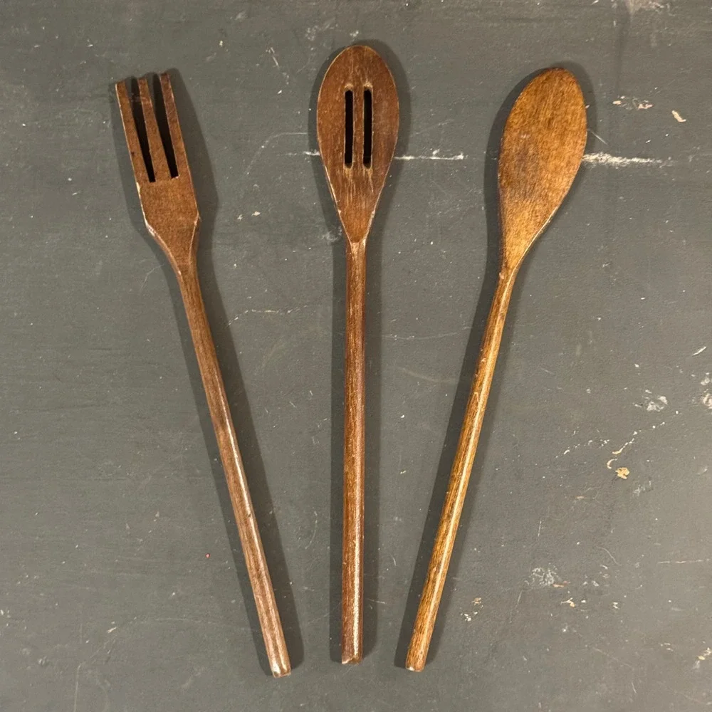 Vintage Wooden Kitchen Utensil Set 3pc Slotted Spoon Solid Spoon Serving Fork